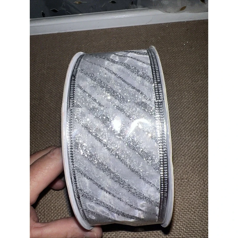 Holiday Time 75FT Silver Glitter Wired Ribbon 2in Wide RB02